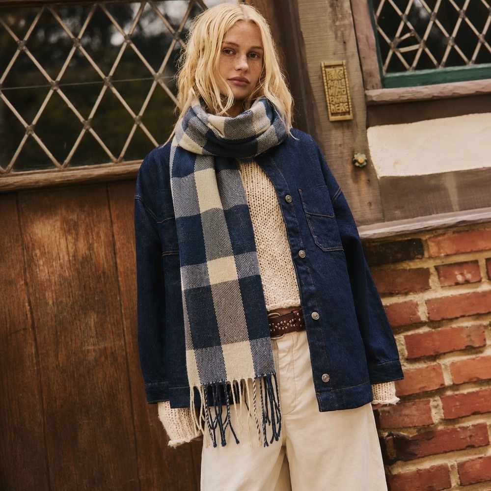 J. Crew Plaid Buffalo Check Scarf Womens Blue Cream Classic Preppy
